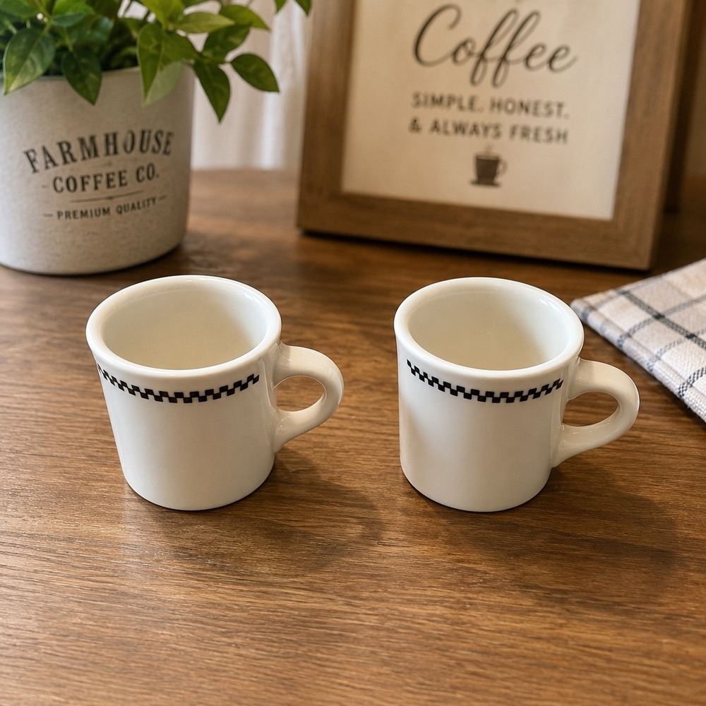 Fishs Eddy Checkered Diner Espresso Cups Set of 2 Cream Black Ceramic Mugs